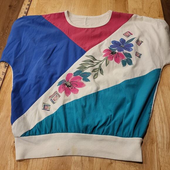 Vintage Tops - Colorful Vintage Blue Pink White Floral 80's Retro Short Sleeve 22" Pit 2 Pit